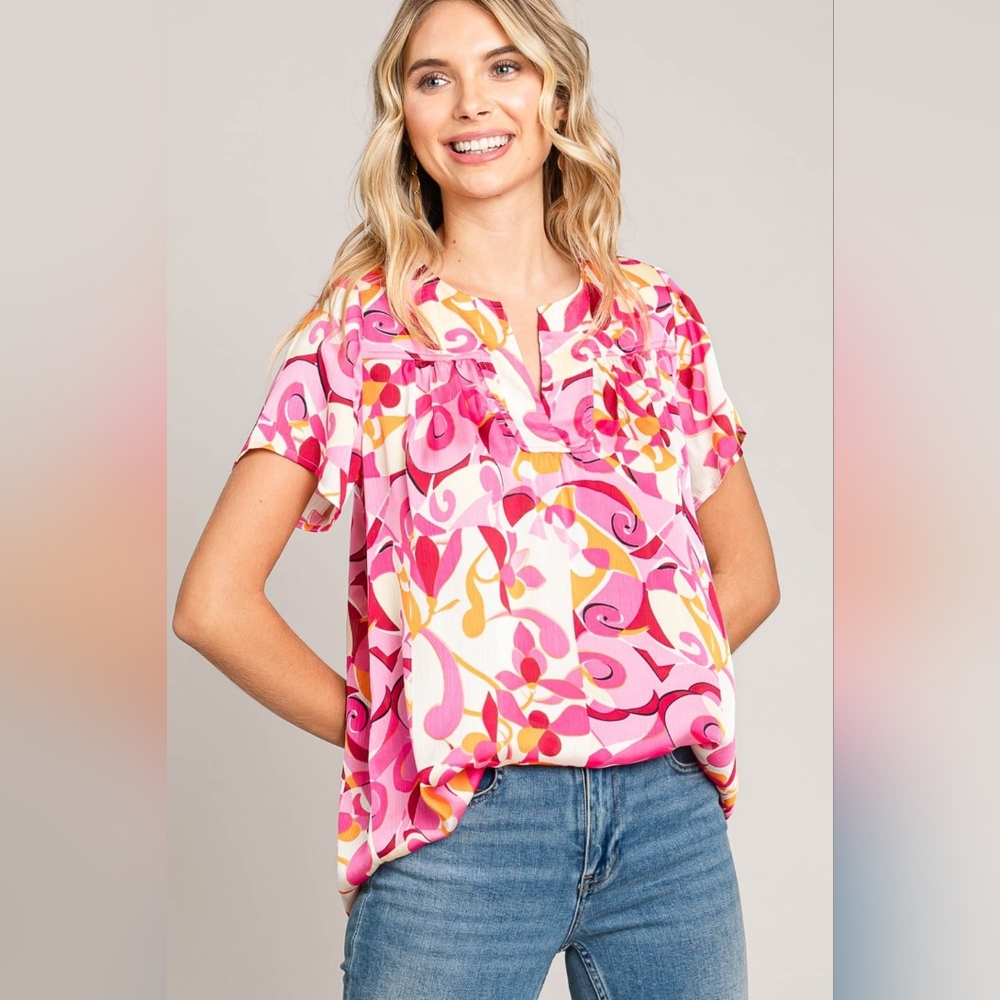 Cotton Bleu by Nu Label Abstract Print Short Sleeve Top